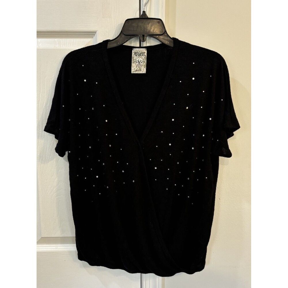 Vocal Short Sleeve Top Blouse Women's Sz S Black With Rhinestones Elastic Waist